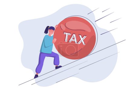 Illustration for Tax. A woman pushes up a huge rock of heavy taxes. - Royalty Free Image