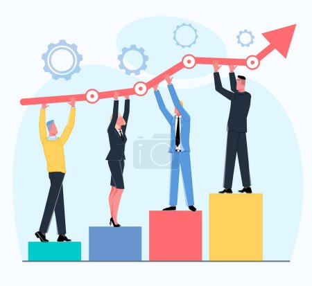 Foto de Equipo de negocios se coloca en un gráfico de pedestal y sostiene una flecha que muestra el éxito del trabajo en equipo y el vector de crecimiento empresarial ilustración plana - Imagen libre de derechos
