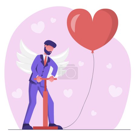 Foto de Love. A man with wings inflates a balloon in the shape of a heart. A cupid angel - Imagen libre de derechos