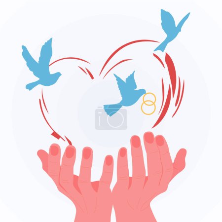 Foto de Love. Hands holding the heart, doves flying around with rings in their beaks - Imagen libre de derechos
