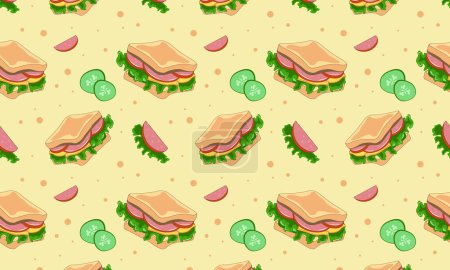 Téléchargez les illustrations : Pattern with sandwich, cucumber and sausage slices - en licence libre de droit