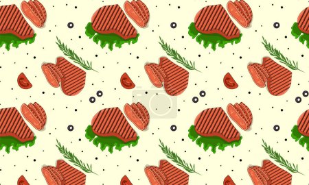 Ilustración de Pattern steak, lettuce, tomato, olives and rosemary - Imagen libre de derechos