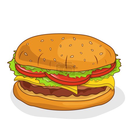 Ilustración de Hamburguesa con queso, ensalada, tomate, ternera y bollo con sésamo. Ilustración plana del vector. - Imagen libre de derechos