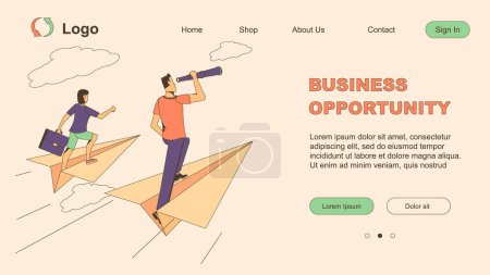 Illustration for Business opportunity. A woman and a man fly paper airplanes and look through a spyglass - Royalty Free Image