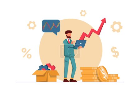 Illustration for Business growth. A businessman is making a graph in a notebook, next to a box of gears - Royalty Free Image