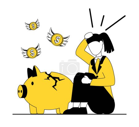 Illustration for Business crisis. The businessman is desperate. Money flies out of the pig's broken piggy bank - Royalty Free Image