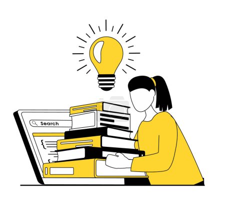 Téléchargez les illustrations : Éducation en ligne. Une femme sort des livres de son ordinateur portable, une ampoule brûle au-dessus d'elle - en licence libre de droit
