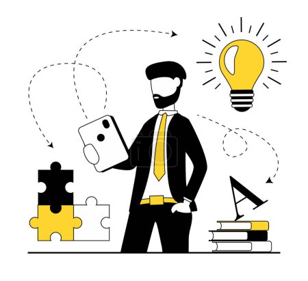 Illustration for Online education. Around the businessman books, puzzles, letters, light bulb - Royalty Free Image