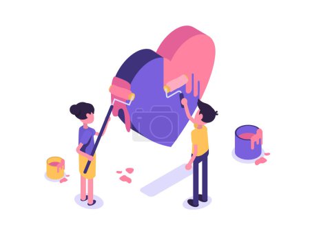 Illustration for Volunteering. Volunteers collecting aid. People color the heart - Royalty Free Image