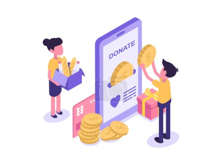 Illustration for Donations. People are donating food and money, collecting aid - Royalty Free Image