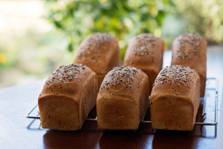 Photo for Homemade freshly baked white grain bread on a baking rack against a background of summer green leaves. Soft selective focus. - Royalty Free Image
