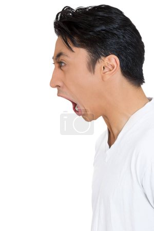 Photo for Closeup side view profile portrait of angry guy, upset young man, mad worker, furious employee, hostile business man, yelling, isolated on white background. - Royalty Free Image
