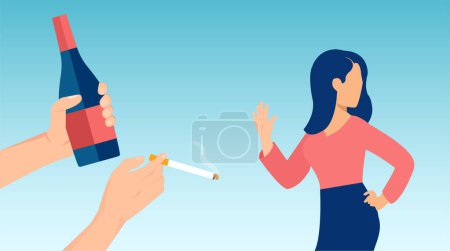 Illustration for Bad habits refusal concept. Vector of a young woman says no to alcohol and smoking. - Royalty Free Image