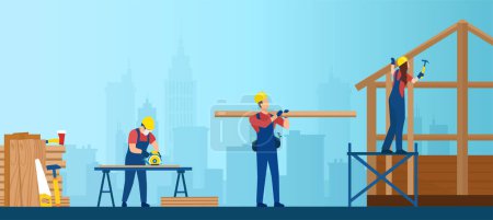 Illustration for Vector of a professional team of carpenters at work, building a wood frame house structure - Royalty Free Image