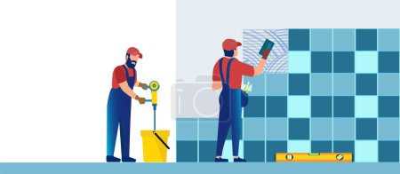 Illustration for Vector of professional tilers installing tiles on a wall. Home renovation concept - Royalty Free Image