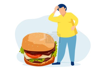 Téléchargez les illustrations : Vecteur d'un homme en surpoids avide d'un cheeseburger gras - en licence libre de droit