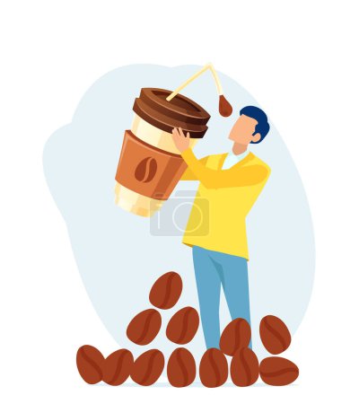 Téléchargez les illustrations : Vecteur d'un homme buvant du café dans une grande tasse avec une paille - en licence libre de droit