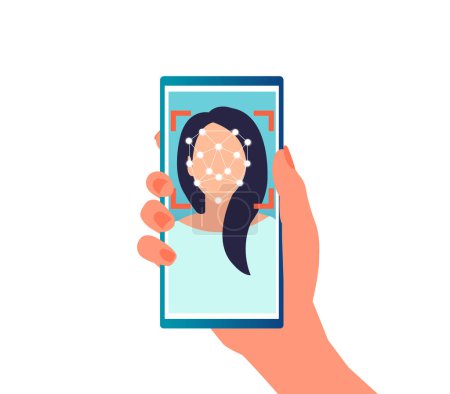Illustration for Face ID recognition system concept. Vector of a woman using mobile phone with face recognition to gain access - Royalty Free Image