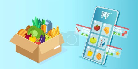 Illustration for Isometric vector of an online grocery shopping app on smartphone and groceries in a box - Royalty Free Image