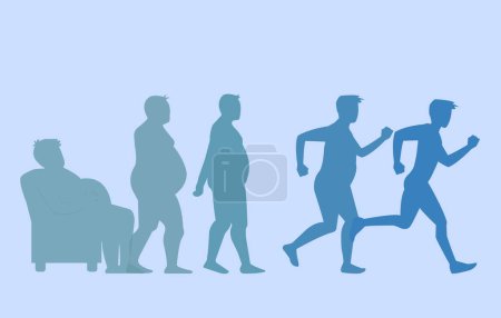 Ilustración de Vector de un hombre gordo de pie de un sillón que se agacha para correr a perder peso. Concepto de ejercicio y transformación corporal - Imagen libre de derechos