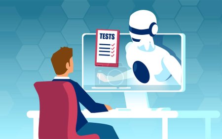 Illustration for Online medical consultation and lab tests report concept. Vector of a robot, artificial intelligence giving advice to a patient man on a hospital web platform - Royalty Free Image
