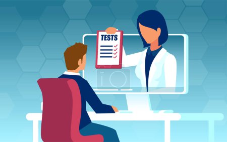 Illustration for Online medical consultation and lab tests report. Vector of a doctor giving advice to a patient man on web hospital platform - Royalty Free Image