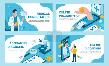 Ilustración de Atención médica en línea, consulta con médicos, farmacia y concepto de diagnóstico. - Imagen libre de derechos