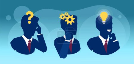 Illustration for Three stages of the thought process in the human brain. Vector sequence of a man thoughtful, thinking, finding solution with gear mechanism, question, lightbulb symbols. - Royalty Free Image