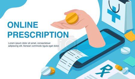 Téléchargez les illustrations : Pharmacie en ligne et recharge de prescription en utilisant le concept d'application mobile - en licence libre de droit
