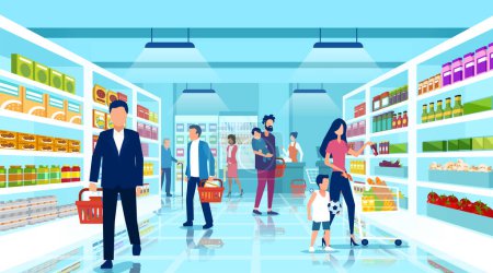 Téléchargez les illustrations : Vecteur d'un groupe de personnes faisant du shopping au supermarché, choisissant des produits sur les étagères - en licence libre de droit