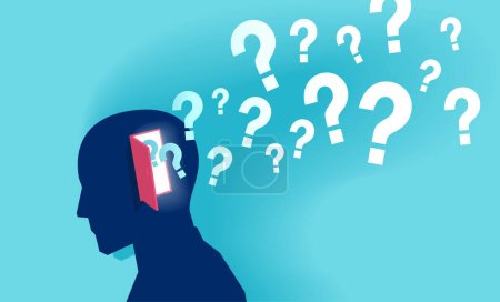 Illustration for Vector of a human head with question marks flying from head, mental health and memory problem - Royalty Free Image