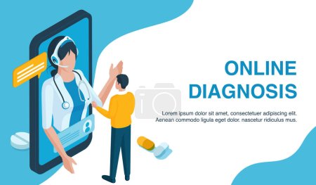 Illustration for Ask a doctor, tele medicine concept. Vector of a patient meeting a doctor online using a smartphone technology, medical consultation app - Royalty Free Image