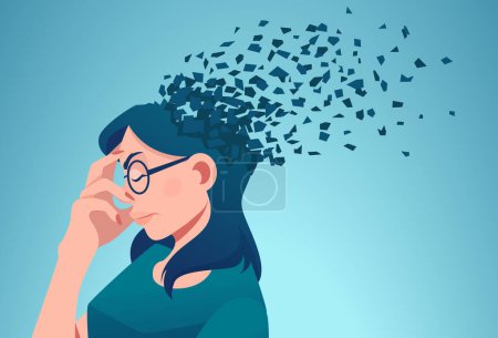 Illustration for Memory loss due to dementia or brain damage. Vector of a woman losing parts of head as symbol of decreased mind function. - Royalty Free Image