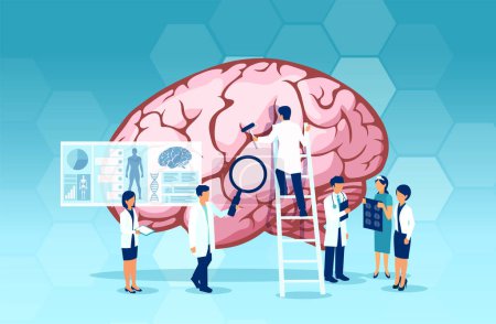 Illustration for Vector of a group of scientists and doctors study human brain and psychology. Medical neurology research concept - Royalty Free Image