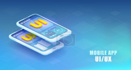 Ilustración de Creador de UI UX Toolkit. Concepto de diseño de aplicaciones móviles. Isométrico vector de una maqueta de smartphone con bloques activos y conexiones, proceso de creación de la interfaz de usuario. - Imagen libre de derechos