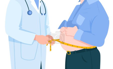 Illustration for Vector of an obese, overweight male patient, doctor measuring with tape his waist line around stomach, belly isolated on white background. Patient health care, weight reduction program concept - Royalty Free Image