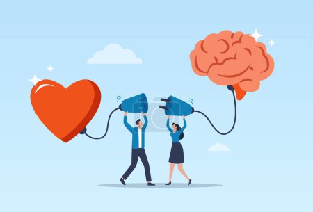 Illustration for Emotional intelligence and control of feelings concept. Vector of a man and a woman connect heart with a brain. - Royalty Free Image
