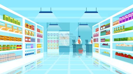 Ilustración de Isométrico vector de un interior de un supermercado moderno de comestibles - Imagen libre de derechos