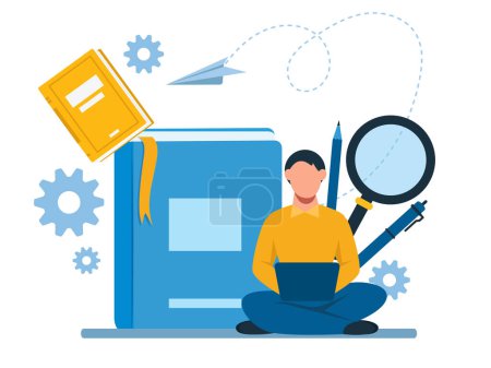 Illustration for Vector of a man with laptop computer studies online - Royalty Free Image