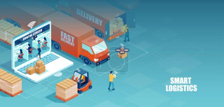 Ilustración de Vector isométrico de un centro de distribución logística con trabajadores cargando productos en los camiones y los logísticos supervisan las actividades de compra, transporte, inventario y almacenamiento - Imagen libre de derechos