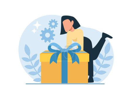 Téléchargez les illustrations : Vecteur d'une jeune femme heureuse ouvrant une boîte cadeau - en licence libre de droit