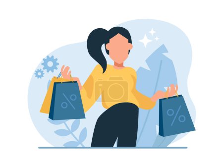 Illustration for Vector of a happy woman with shopping bags and discount deals - Royalty Free Image