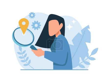 Vector of a young woman with magnifying glass is looking for a location or information 