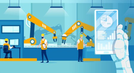 Illustration for Vector of a smart factory with robot control over workers on assembly line, industry and technology concept - Royalty Free Image