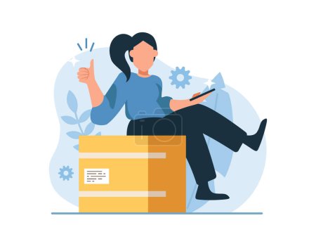 Vector of a young woman sitting on a cardboard box giving thumbs up gesture 