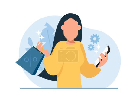 Illustration for Vector of a young woman with shopping bags and mobile phone happy with discounts - Royalty Free Image