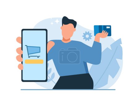 Illustration for Vector of a young man promotes mobile shopping app and a loyalty discount card - Royalty Free Image