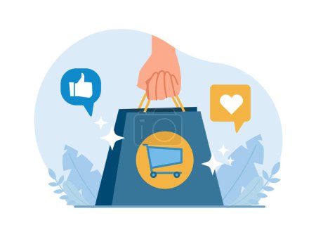 Illustration for Vector of a shopping bag with shopping cart logo and thumb up sign. Best buy, good service, online shopping experience feedback - Royalty Free Image