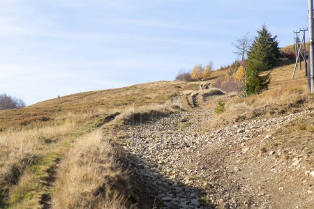 Foto de Camino de piedra alto en las montañas, cielo azul, paisaje otoñal - Imagen libre de derechos