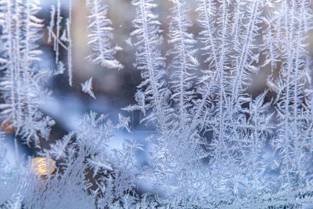 Foto de Frost dibujar textura en una ventana en un día frío de invierno. Fondo de invierno. - Imagen libre de derechos